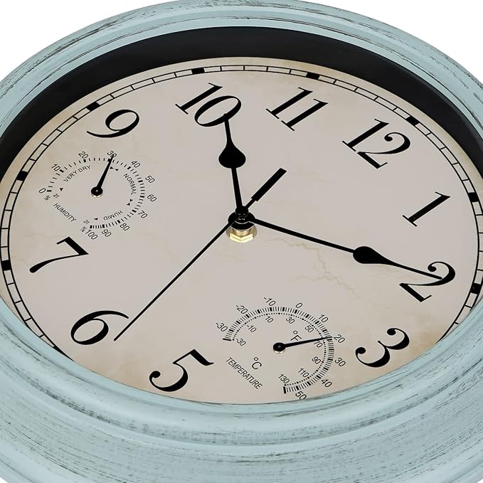 12 Inch Indoor Outdoor Retro Waterproof Wall Clock with Thermometer and Hygrometer, Battery Operated Quartz Round Wall Clock Silent Non Ticking Home Decor,Blue