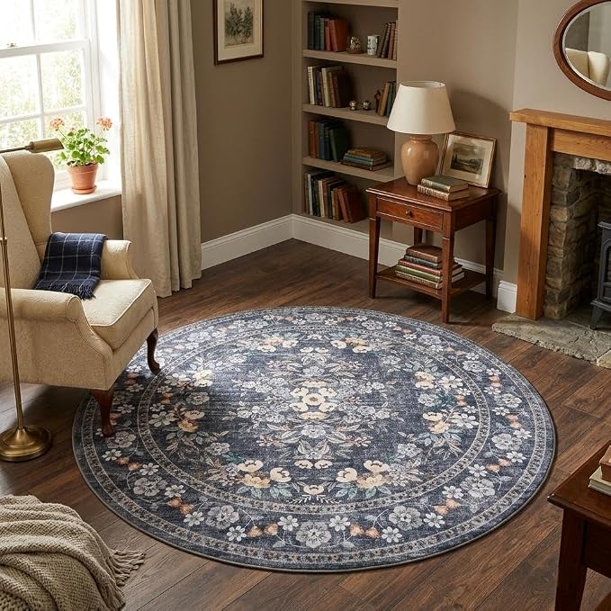 GarveeHome 4ft Round Rug for Living Room Washable Vintage Floral Throw Rug | Leaf Flower Botanical Floor Carpets for Bedroom Vintage Distressed Blue Bordered Area Rug for Dining Room