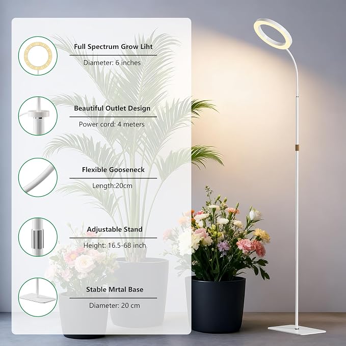 SDOVUERC Full Spectrum Grow Light with Stand for Indoor Plants, Floor Plant Light, 6/12/18H Timer, 3 Color Modes, Adjustable Height 16.5–68in, for Large Plants & Home Décor(1 Head,White)