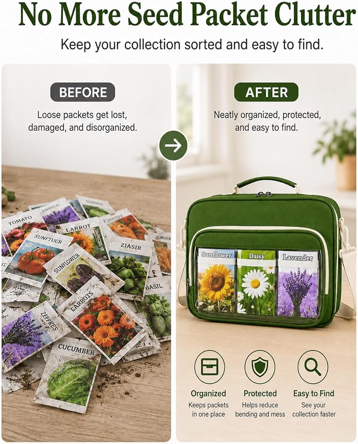 Seed Storage Organizer Bag with 30 Reusable Envelopes & 30 Protective Sleeves, Portable Garden Binder for Vegetable, Flower & Herb Packets, Green