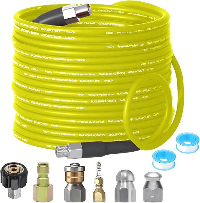 Selkie Pressure Washer Sewer Jetter Kit - 100Ft X1/4" Hydro Drain Jetter Cleaner Hose, Corner, Rotating and Button Nose Sewer Jetting Nozzle Waterproof Tape,Orifice 4.0 4.5,1/4 Inch NPT,5800 PSI