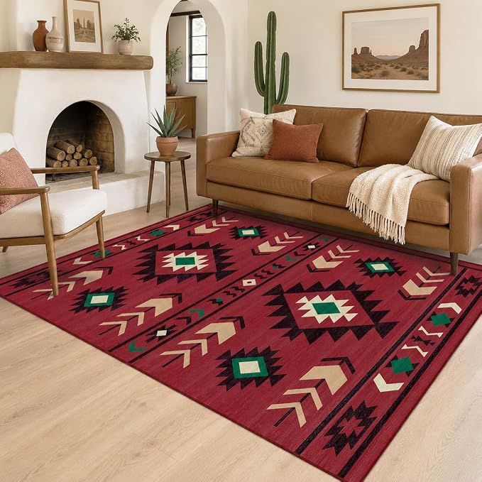 Western Area Rug 4x6 for Living Room, Southwestern Aztec Tribal Area Rugs Southwest Navajo Machine Washable Rug Non-Slip Printed Low-Pile Floor Carpet for Bedroom Dining Room Office, Red