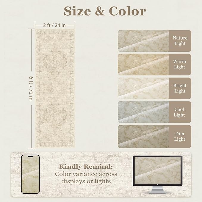Farmhouse Beige 2x6 Runner Rugs for Hallway Entryway, Kitchen Runners Washable Non Slip Low Pile, Vintage Distressed Medallion Printed Rugs for Mudroom/Bedroom Bedside/Laundry Room/Bathroom