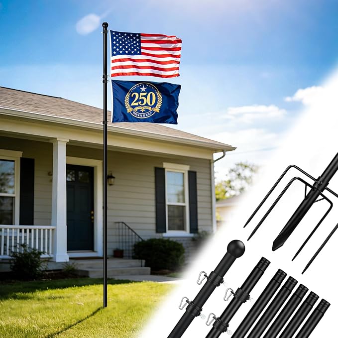 Acostop 10 FT In Ground Flag Poles for Outside House - Fit for 2 Flags Extra Thick Flag Pole Kit with 5 Prongs Base, Windproof Ground FlagPoles for Residential Small Medium Lawn Temporary Event