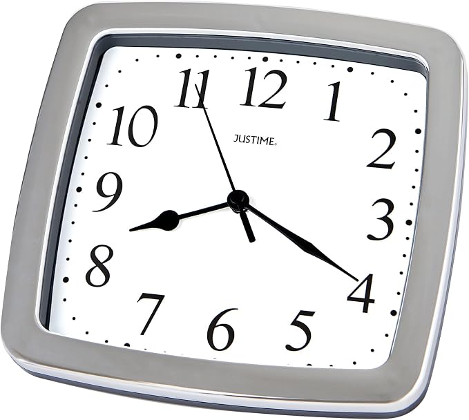 JUSTIME 8.5 Inch Water-Resistant Square Wall Clock for Bathroom, Kitchen, Boat, RV — Silent Non-Ticking, Battery Operated, 3-Point Mount, Indoor Outdoor Analog Clock for Humid Areas & Marine Use