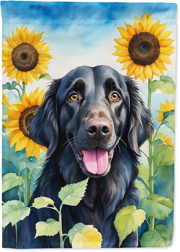 Caroline's Treasures DAC6078GF Flat-Coated Retriever in Sunflowers Garden Flag Mailbox Flag Decorative Yard Flag Banner Outside Patio Artwork Yard Flower Beds, Garden Size, Multicolor