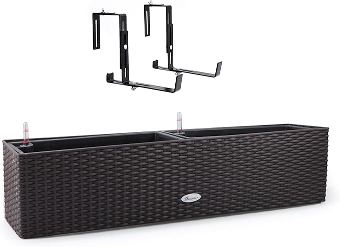 Dexceder 31.5 Inch Self Watering Rail Window Box with Bracket (Brown) | Thickened Large Rattan Planter Flower Plant Pot with Water Level Indicators Indoor Outdoor