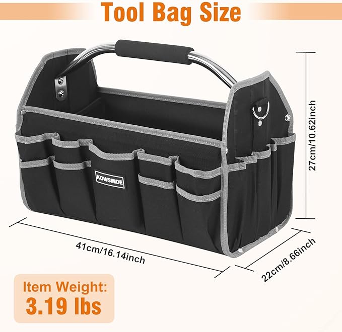 Kowsinde 16 Inch Tool Bag, Electrician Tool Bag, Open Top Tool Bags, 26 Pockets Can Hold Many Tools, Steel Handle and Removable Shoulder Strap