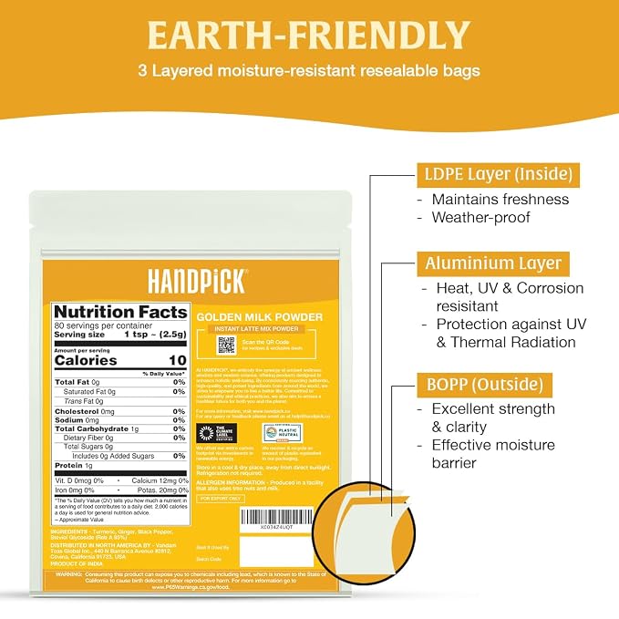 HANDPICK Golden Milk Powder with Turmeric - (7oz, 80 servings) Instant Latte Mix | Blend of Ginger, Black Pepper and Curcumin (Packaging may vary)