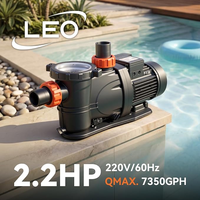 LEO 2HP In/Above Ground Pool Pump High Flow Powerful Self Priming Pool Pump, Single Speed 220V 6950GPH, Red