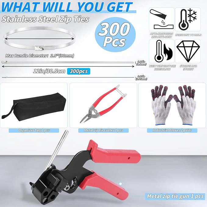 300PCS Metal Zip Ties Gun Kit, 12 Inch Heavy Duty Metal Zip Ties, Multi-Purpose Self-Locking Cable Tie Tool Set for Vehicles Farms Plants Fences Pipe Bundling, Scissors