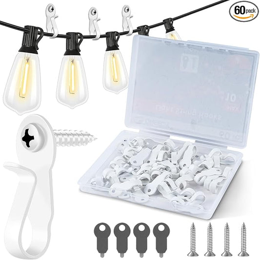 60 Pack Hooks for Outdoor String Lights Clips, Metal Heavy Duty String Light Hook with Screw & Adhesive Strips, Christmas Light Clips for Outside or Indoor Holiday Decor, Fairy Led Lights, Etc. White
