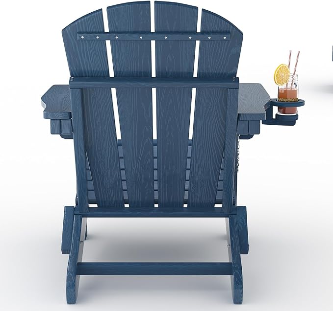 GarveeLife Folding Adirondack Chair Set of 6, All-Weather HDPE Outdoor Chair, Wooden Textured with Cup Holder for patios, Decks, Gardens, fire pits, Navy Blue