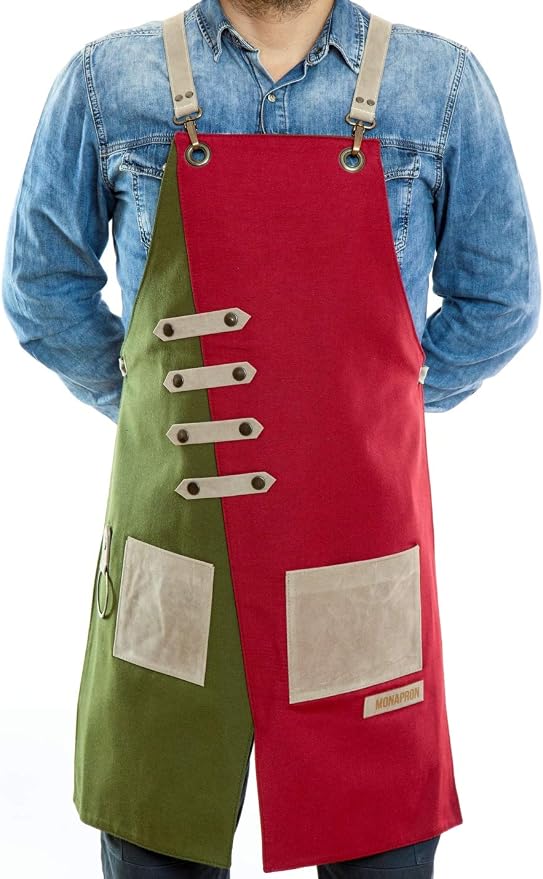 MONAPRON Apron for Women and Men Waterproof Canvas Extra Pocket for Chef Barista Gardening BBQ Grilling Crossback Unisex