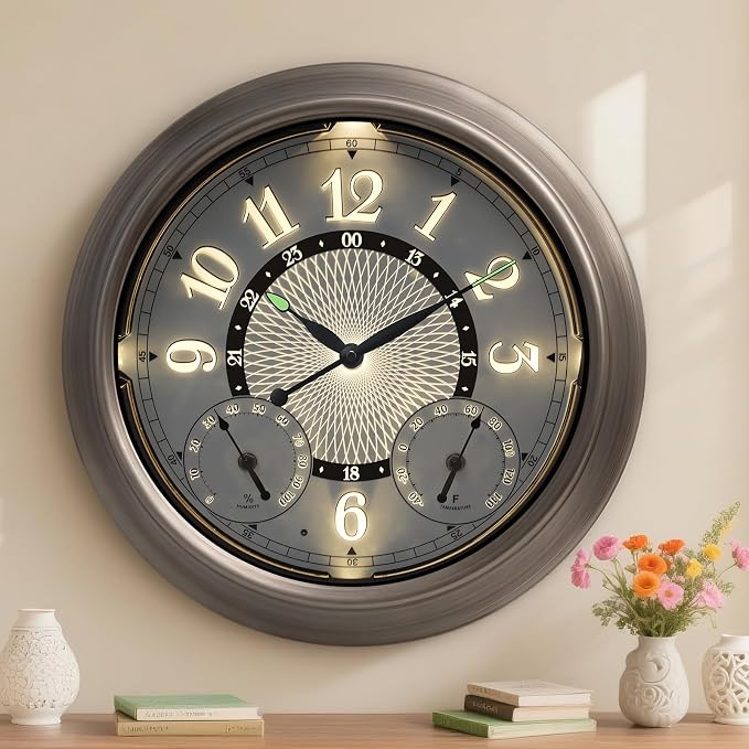 Pytha Sight Illuminated Large Metal Outdoor Clocks Waterproof 18 Inches With AI Auto Light Smart Sensor,Extra Big Indoor Outdoor Wall Clocks With Thermometer & Hygrometer for Patio, Pool, Garden,Porch