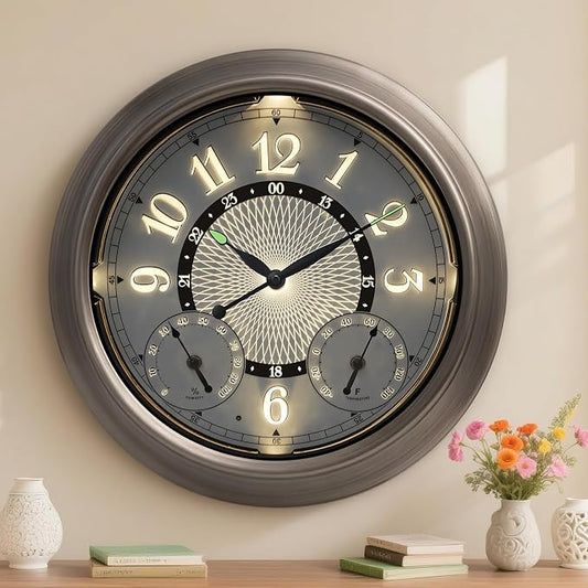 Pytha Sight Illuminated Large Metal Outdoor Clocks Waterproof 18 Inches With AI Auto Light Smart Sensor,Extra Big Indoor Outdoor Wall Clocks With Thermometer & Hygrometer for Patio, Pool, Garden,Porch