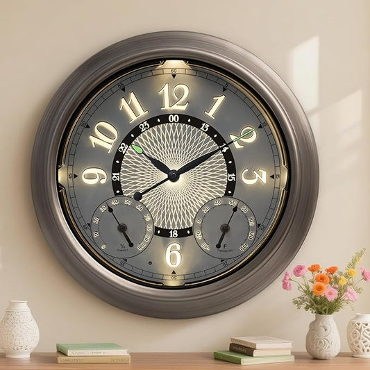 Pytha Sight Illuminated Large Metal Outdoor Clocks Waterproof 15 Inches with AI Auto Light Smart Sensor,Large Indoor Outdoor Wall Clocks with Thermometer & Hygrometer for Patio, Pool, Garden,Porch