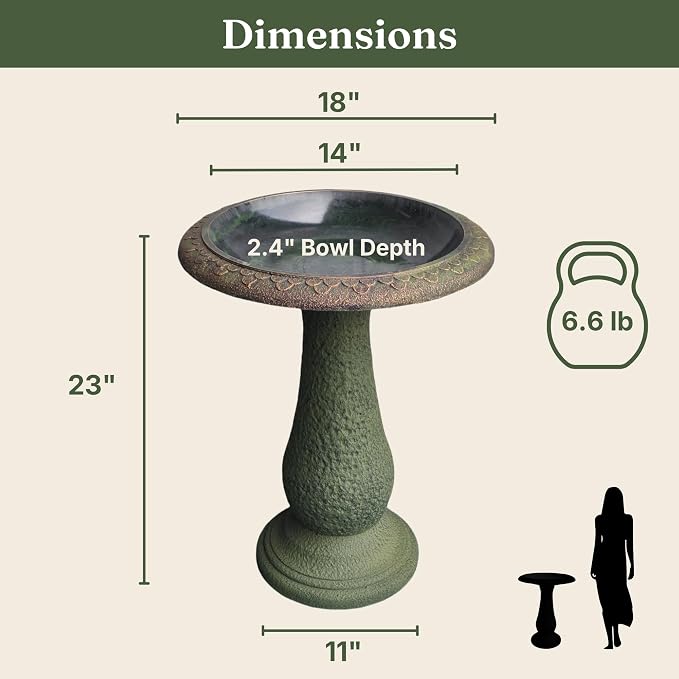 Tall Bird Bath for Outside 23 Inch Roman Green - Stone-Resin Composite Pedestal Birdbath Bowl - Decorative Standing Outdoor Garden Decor for Front Porch Patio Yard Backyard Lawn Ornament