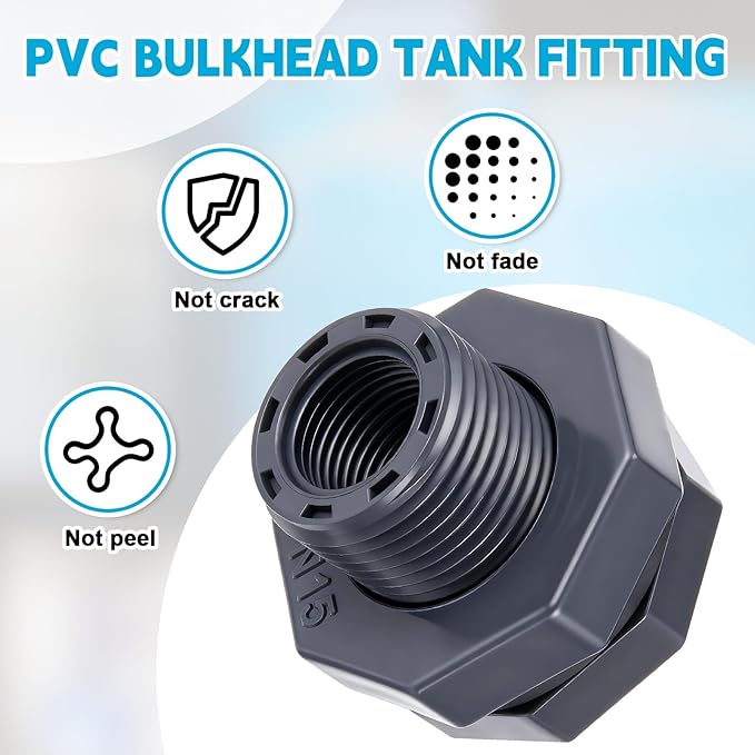 Bulkhead Fitting PVC Water Tank Connector Plumbing Pipe Threaded Bulkhead Fitting NPT for Rain Barrels, Water Tanks, Aquariums, Tubs, Pools(2 Pcs,1/2 Inch)