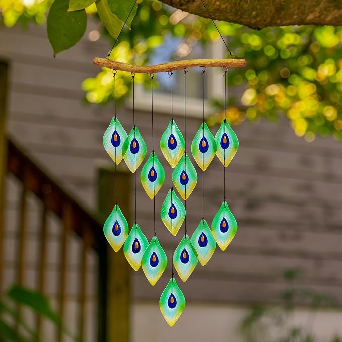 Handmade Peacock Feathers Glass Wind Chimes – Sea Glass Garden Windchimes for Outside, Hand-Painted Glass Suncatcher, Durable