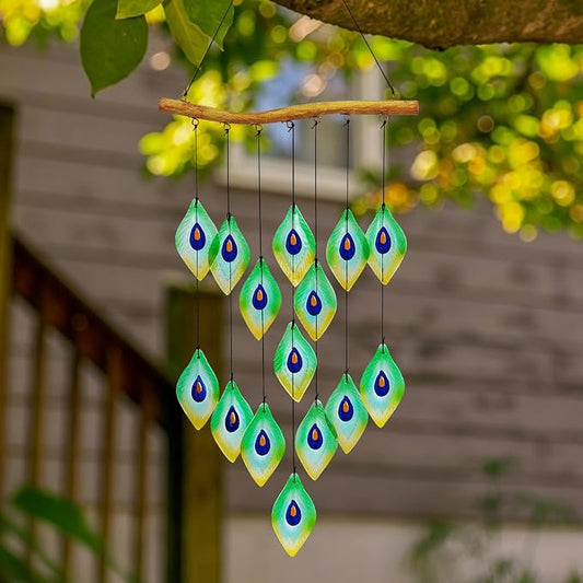 Handmade Peacock Feathers Glass Wind Chimes – Sea Glass Garden Windchimes for Outside, Hand-Painted Glass Suncatcher, Durable