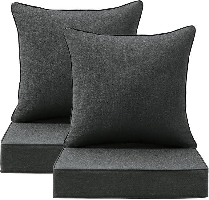 Sunbrella Outdoor Deep Seat & Back Cushion Set (2-Pack), 24 x 24 Inch Water Repellent and Fade Resistant Patio Furniture with Removable Cover for Outside Sofa Couch, Canvas Soot