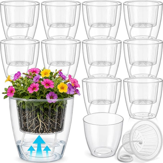 12 Pcs Self Watering Pots, 6.7 Inch Plastic Flower Plant Pot with Inner Pot Self Watering Wick Planter Clear Flower Pots for Indoor House Plants Herbs, Flowers, Succulents (Transparent)