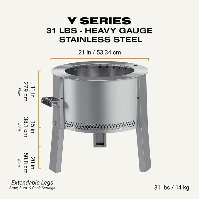 Breeo Smokeless Fire Pit (Y Series - Stainless Steel) | 21 inch Portable Smokeless Firepit for Outside | 31 Pounds | Ideal for Families Compatible with Wide Range of Breeo Accessories