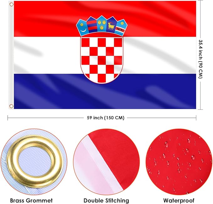AhfuLife Croatia Flag 5ft x 3ft for Party Decorations, 1 Pcs Large Croatian Flag Polyester Double Side with Brass Eyelets for Eurovision Euro Football World Cup Garden Decorations