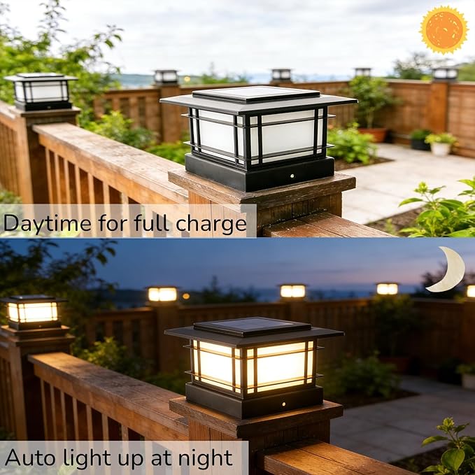 Dynaming 4x4 Solar Post Cap Lights Outdoor with 2 Color Modes, 2 Pack Fence Post Solar Lights Black Shell Fit for Vinyl/Wooden Posts, High Brightness SMD LED Lighting Decor for Garden Deck Patio