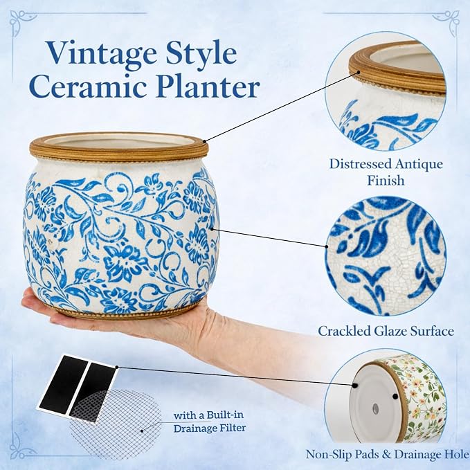 Vintage Ceramic Flower Pots - Indoor Outdoor Planters with Drainage Holes & Filter Screen, 6.5’’& 9’’ Rustic Farmhouse Decorative Plant Pots for Garden/Patio (Blue Vines, Small to Large Bundle)