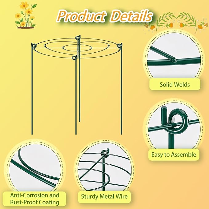 (6 Sets) Peony Cages and Supports, 12" Diameter, 4 x 16 Inches Legs, Heavy Duty Rust-Proof Grow Through Plant Support for Outdoor Flower Plants, Metal Grid Ring Hoop for Peonies, Roses, Orchids