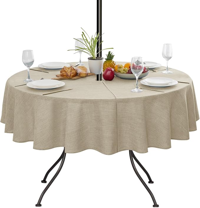 Outdoor Tablecloth with Umbrella Hole - Patio Table Cloth Zippered Round 60 Inch, Linen-Look Polyester Table Cover Water Resistant for Picnic Outside, Natural Color