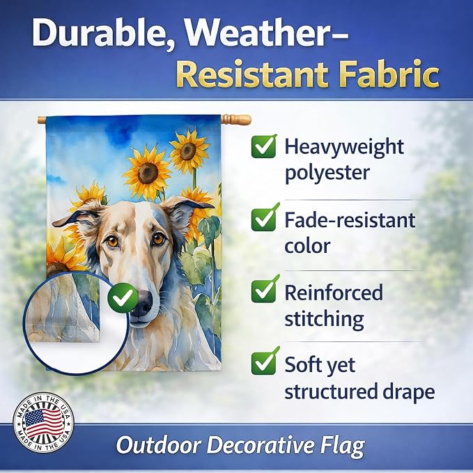 Caroline's Treasures DAC6035CHF Borzoi in Sunflowers House Flag Large Porch Sleeve Pole Decorative Outside Yard Banner Artwork Wall Hanging, Polyester, House Size, Multicolor