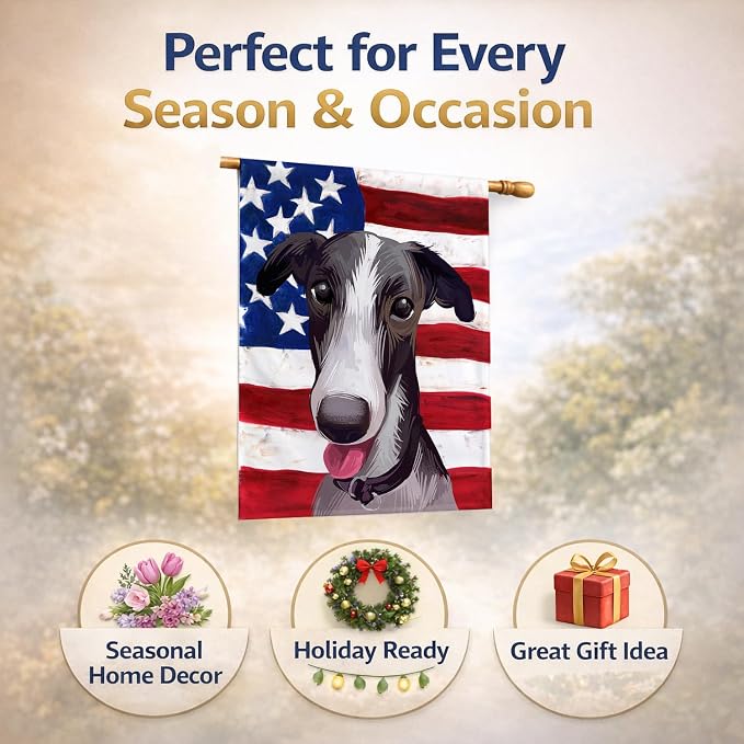 Caroline's Treasures CK6651CHF Polish Greyhound Dog American Flag House Flag Large Porch Sleeve Pole Decorative Outside Yard Banner Artwork Wall Hanging, Polyester, House Size, Multicolor