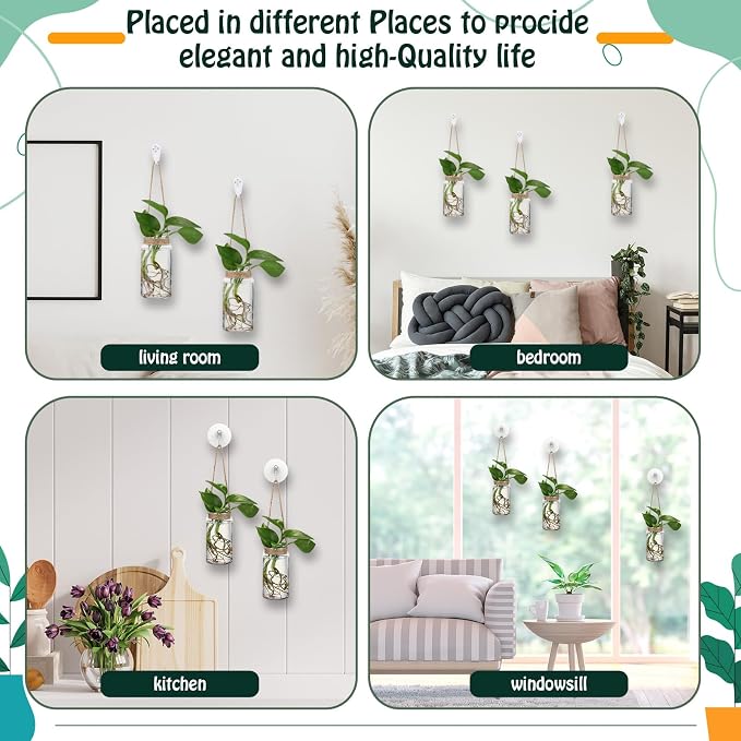 Baderke 9 Sets Window Hanging Propagation Stations 3.54'' Plastic Propagation Vases with Suction Cup & Traceless Nail, Propagated Plant Holder Wall Jars for Office Home Garden Decoration Lover Gift