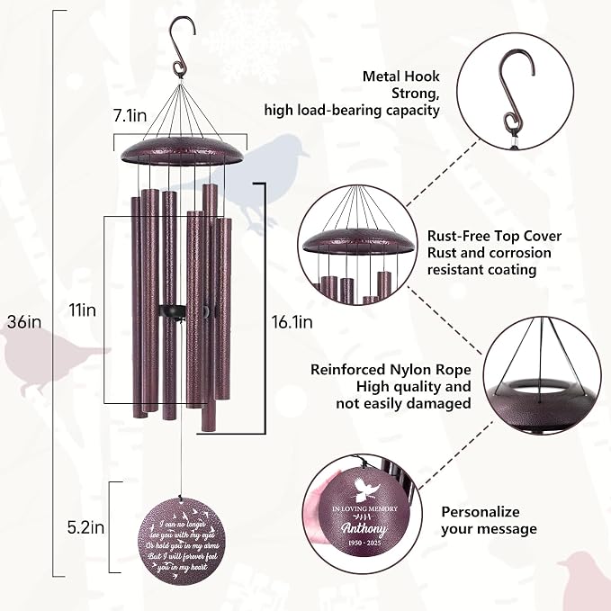 ASTARIN Large Engraving Wind Chime Memorial, Personalized Windchimes in Memory of a Loved One, Loss of Mother Lover Sympathy Gifts, Remembrance Gift for Loss Wife Husband(Produced in Texas)