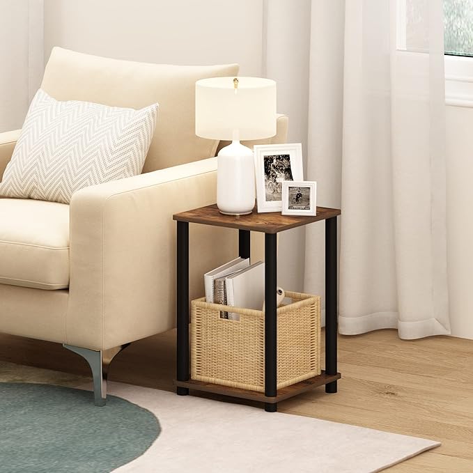 Furinno TURN-N-TUBE Side Table, 2-Tier Modern Square End Table with Open Shelf, Toolless Night Stand, Bedside Table, for Living Room, Bedroom, Amber Pine