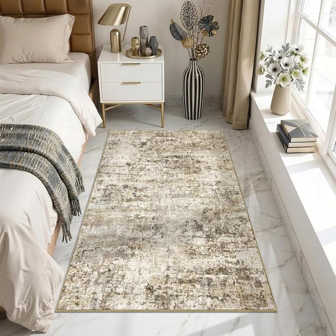 Abstract Area Rug 3x5 Ft Washable Rugs for Entryway Indoor | Brown Non Slip Kitchen Rug Printed Faux Wool Throw Rugs, Neutral Modern Indoor Mat for Entrance Bedroom Office Home Decor