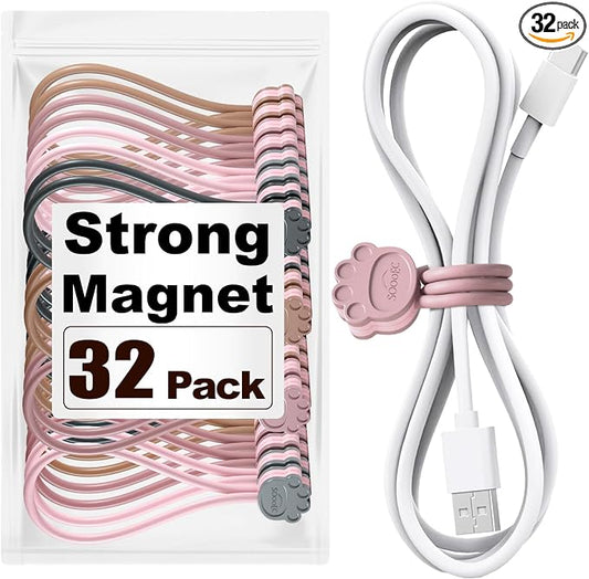 SOOOEC Magnetic Cable Ties, 32 Pack 7.2" Magnetic Cord Organizer Cute Cat's Paw Design, Silicone Twist Ties with Strong Magnet for Bundling and Cable Management, Fridge Magnets.