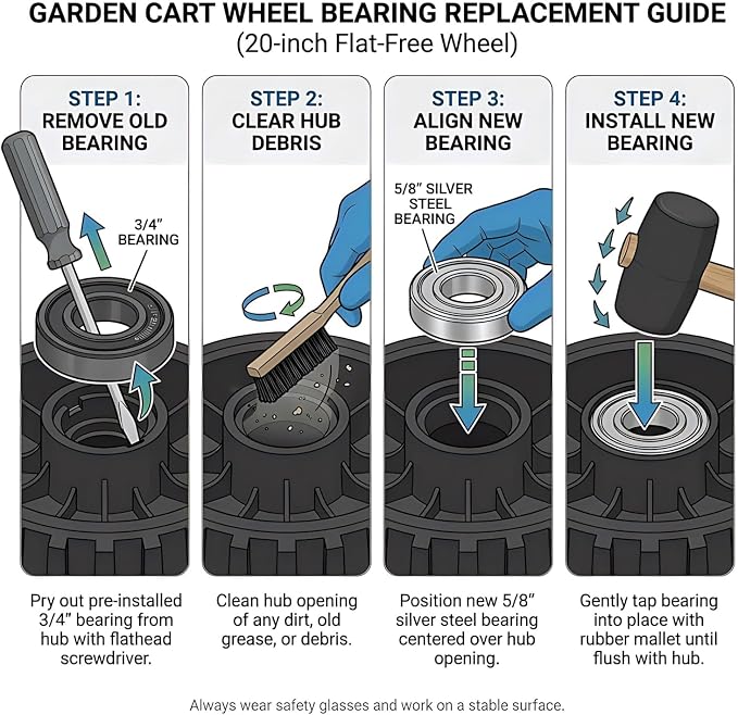 Parts Camp 20" Flat Free Tire Cart Wheels Replacement Rubbermaid Wheelbarrow Wheels Garden Cart Replacement Wheel With 5/8" 3/4" Bearing For Utility Carts/Lawn Cart/Wheelbarrow 2PACK