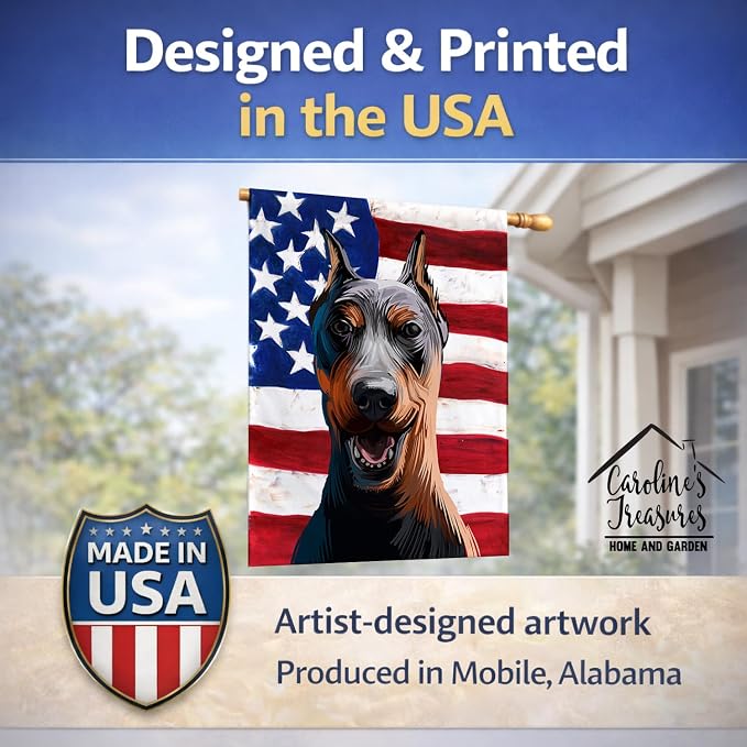 Caroline's Treasures CK6534CHF German Pinscher Dog American Flag House Flag Large Porch Sleeve Pole Decorative Outside Yard Banner Artwork Wall Hanging, Polyester, House Size, Multicolor
