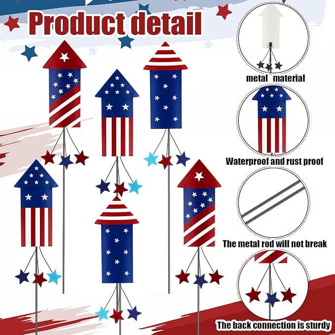 Pickmesh 6 Pcs 12" H 4th of July Outdoor Decor Patriotic Yard Decor Fireworks Red White Blue Metal Yard Sign Garden Stake 250th Anniversary USA Flag Rocket American for Independence Day Decoration