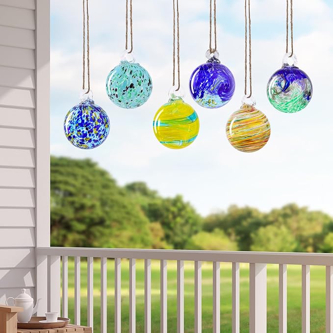 VCUTEKA Hanging Garden Gazing Ball, Glass Witch Ball for Outdoor Decor, 3" | 6pcs Hanging Gazing Balls, Hand-Blown Witch Ball Ornament Colorful Swirl Garden Globe for Outdoor Garden Lawn Yard Decorative