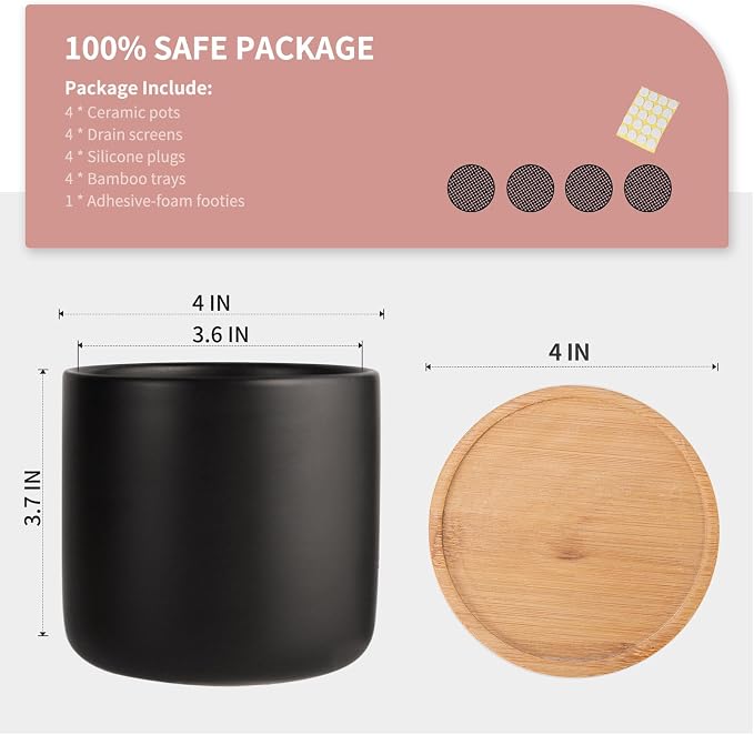 4 Inch Ceramic Plant Pots with Saucer, Black Pot with Drainage Hole | Flower Planter, with Mesh Pads, for Herbs Cactus, Home Decor, Set of 2, Plants Not Included
