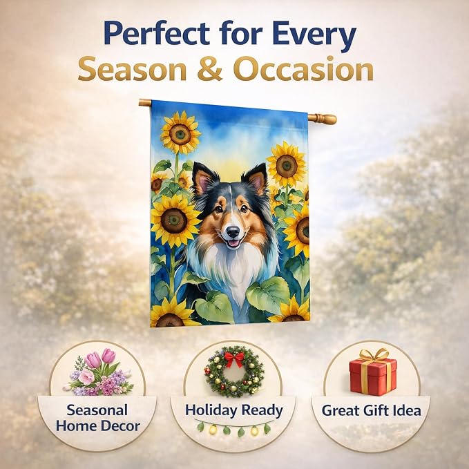 Caroline's Treasures DAC6160CHF Sheltie in Sunflowers House Flag Large Porch Sleeve Pole Decorative Outside Yard Banner Artwork Wall Hanging, Polyester, House Size, Multicolor