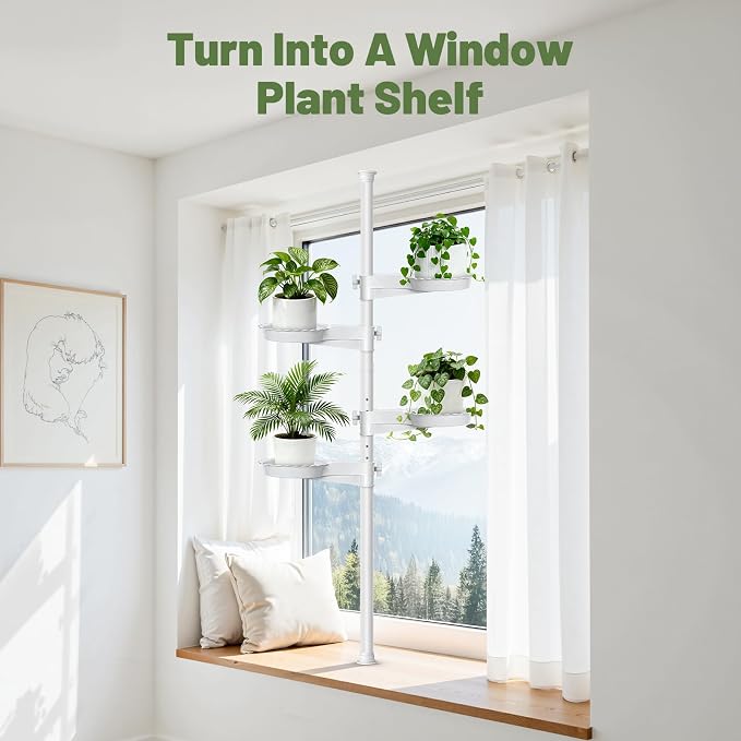 Tension Rod Plant Stand, Plant Poles for Hanging Plants Indoor, 6 Tier Tension Pole Plant Hanger, Floor to Ceiling Plant Pole with 6 Trays Hanging Plant Stand (White)