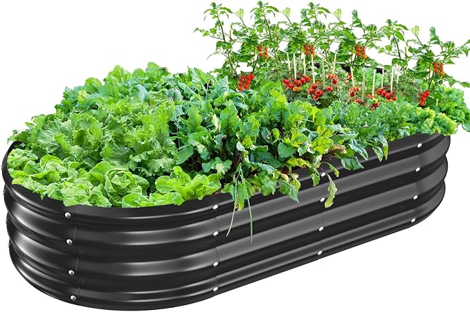 TBMLC Oval Galvanized Planter Box, Metal Raised Garden Bed - 0.8MM Thick- Ideal for Outdoor Gardening and Planting of Vegetables Flowers Fruits Succulent Plants and Others (Black, 5X2.7X1 FT)
