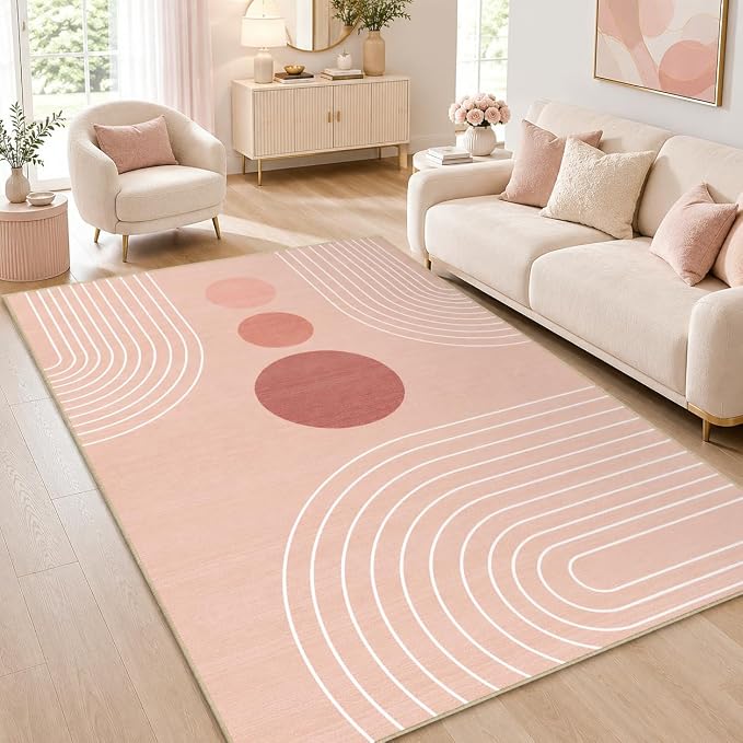 Area Rug 5x7 Boho Modern Minimalist Geometric Abstract Rug Pink Mid Century Modern Rug for Living Room Machine Washable Non-Slip Printed Low Pile Indoor Carpet for Bedroom Dining Room Office Pink