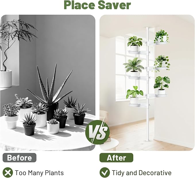 Tension Rod Plant Stand, Plant Poles for Hanging Plants Indoor, 6 Tier Tension Pole Plant Hanger, Floor to Ceiling Plant Pole with 6 Trays Hanging Plant Stand (White)